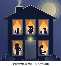 Family house. Home with windows. People silhouette in the windows. Night house windows vector illustration. Mother, father, cat, dog and daughter. Windows with light and shadows on it. Need privacy.
