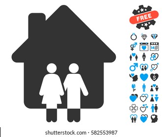 Family House icon with bonus lovely design elements. Vector illustration style is flat iconic blue and gray symbols on white background.