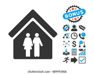 Family House icon with bonus symbols. Vector illustration style is flat iconic bicolor symbols, blue and gray colors, white background.