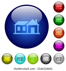 Family house icons on round glass buttons in multiple colors. Arranged layer structure