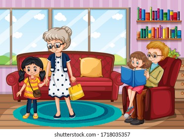 Family at the house illustration