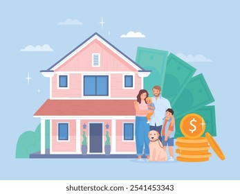 Ingresos de la casa familiar. Inversión inmobiliaria de vivienda, presupuesto de la vivienda, finanzas seguras, depósito de ahorro del hogar, esposa, esposo e hijo pagando hipoteca o Ilustración vectorial de bienes vendidos