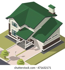 Family House isometry. Hyper detailing isometric view of the house. 3D object for video games or real estate advertising. For Your business. Vetor Illustration