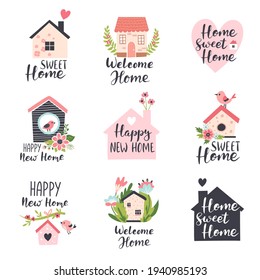 Family House Logo Design Concepts, Real Estate Icons, Home Decor Store Emblems With Spring Flowers And Calligraphy Text. Hand Drawn Vector Illustration.