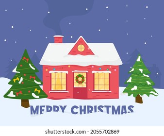 Family house. Merry Christmas winter. Christmas greeting