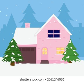 Family house. Merry Christmas winter. Christmas street
