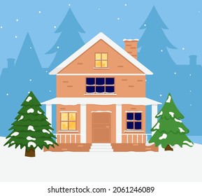 Family house. Merry Christmas winter. Christmas street