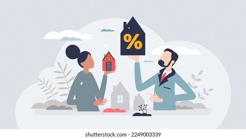 Family house mortgage and home purchase using bank loan tiny person concept. Financial interest percentage for real estate investment vector illustration. Calculate payment for property ownership.