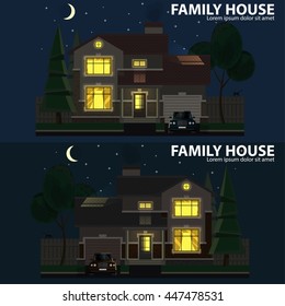 Family House At Night. 2 Houses, Car And Trees. Hearth And Home. Flat Design. For Your Project. Vector Illustration