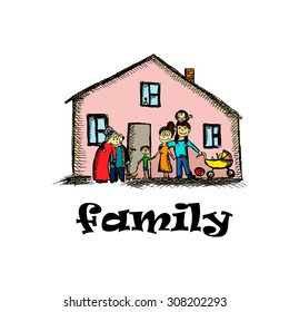 Family house pencil drawing. Vector