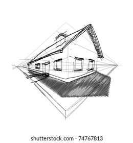 family house in perspective 3d - outline illustration