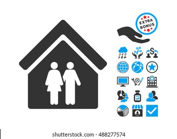 Family House pictograph with bonus images. Vector illustration style is flat iconic bicolor symbols, blue and gray colors, white background.
