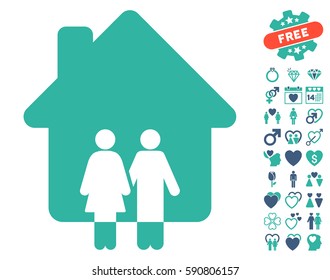 Family House pictograph with bonus passion graphic icons. Vector illustration style is flat iconic cobalt and cyan symbols on white background.