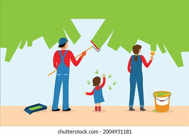 Family house renovation concept: Happy Father, Mother, son and daughter painting walls together vector illustration