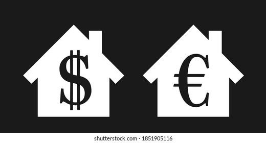 Family house and residential building with symbol of  US dollar and Euro. Buying, purchase and selling of architecture. Finance and real estate property. Vector illustration. 