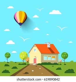 Family House with Road and Hot Air Balloon on Blue Sky. Flat Design Vector Landscape.