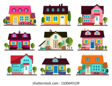 Family House. Vector Flat Design Buildings Icons Set Isolated on White Background.