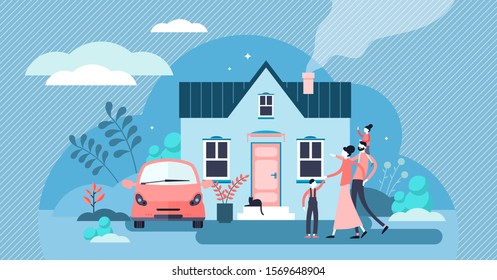Family House Vector Illustration. Flat Tiny Modern Property Person Concept. Real Estate Exterior With Parents, Children And Cat. Happy Everyday Daily Routine Situation Scene With Harmony Relationship.