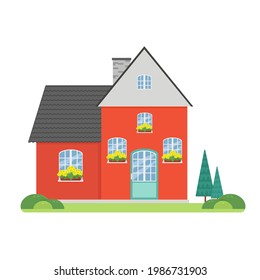 Family house vector illustration in flat style, cartoon isolated. Cute house.