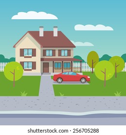 Family House Village Or Town Suburb Property Building With Car Flat Vector Illustration