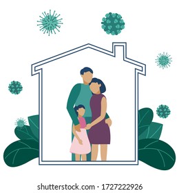 Family in house. The virus is outside. Dad, mother, daughter under the roof of the house.