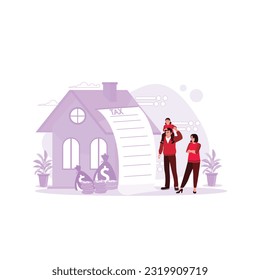 A family with a house, the word taxes, and a bag of money. Real estate tax concept, luxury tax payment, and law-abiding. Trend Modern vector flat illustration.