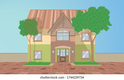 Family House.Beautiful residential  house with a mansard. Front elevation.