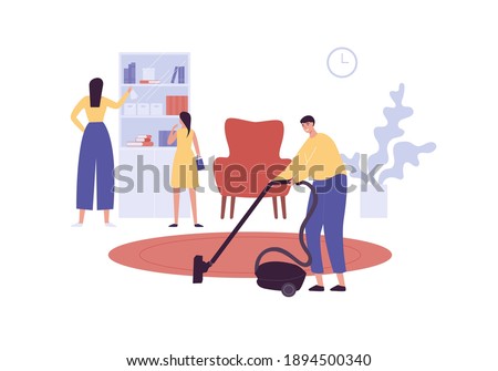 Family housekeeping concept. Vector flat illustration. Male husband cleaning with vacuum cleaner. Female dusting bookcase. Daughter puts book to closet. Living room interior with armchair and carpet.