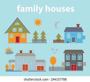 family houses, buildings, yards icons, signs, illustrations on background, vector set