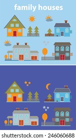 family houses, night, day, buildings, village, townhouses icons, signs set, vector