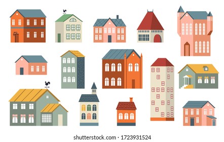 Family houses set. Suburban and country buildings, apartments and cottages for life in village or town. Can be used for real estate property, architecture, countryside, home topics