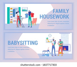 Family Housework and Babysitting Banner. Father at Maternity Leave Taking Care Children, Dog Lying near. Woman Ironing Tshirt for Husband, Choosing Outfit Flat Cartoon Vector Ilustration.