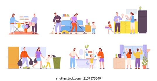 Family housework. Helpful kids help parents cleaning house, child helping home routine laundry bathroom closet kitchen, happy kid with vacuum or mop, vector illustration. Housework kids with family