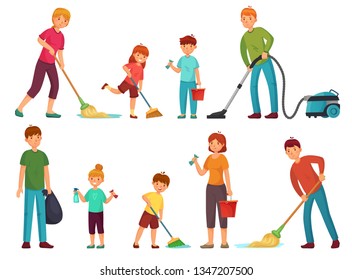 Family housework. Parents and kids clean up house, cleaning with vacuum cleaner and wash floor. Household work or housekeeping hygiene. Cartoon vector illustration isolated symbols set