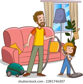 Family housework. Parents and kids clean up house cartooon vector