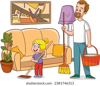 Family housework. Parents and kids clean up house cartooon vector