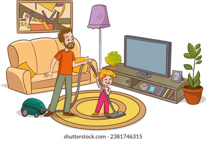 Family housework. Parents and kids clean up house cartooon vector