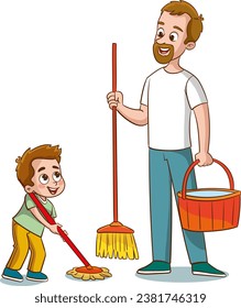 Family housework. Parents and kids clean up house cartooon vector