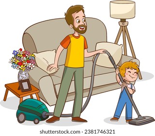 Family housework. Parents and kids clean up house cartooon vector