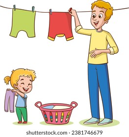 Family housework. Parents and kids clean up house cartooon vector