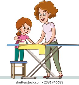 Family housework. Parents and kids clean up house cartooon vector