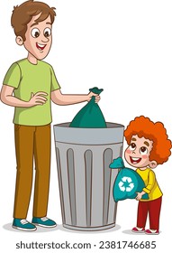 Family housework. Parents and kids clean up house cartooon vector