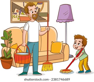 Family housework. Parents and kids clean up house cartooon vector