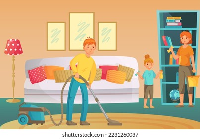 Family housework. People cleaning living room together. Father vacuuming floor, mother and daughter dusting shelf with books. Parents and kid doing household chores vector illustration