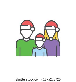 Family in hristmas hats color line icon. Glowing lights. Editable stroke.