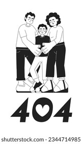 Family hug candid black white error 404 flash message. Dad and mom hugging preteen son. Monochrome empty state ui design. Page not found popup cartoon image. Vector flat outline illustration concept