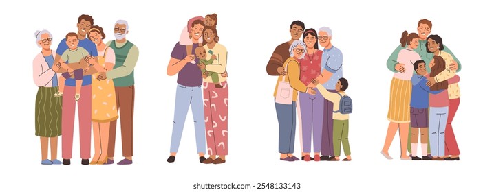 Family hugging collection. Vector isolated happy parents and children embracing, love and support. Smiling mom and dad, son and daughter, grandfather and grandmother. Generation embracing