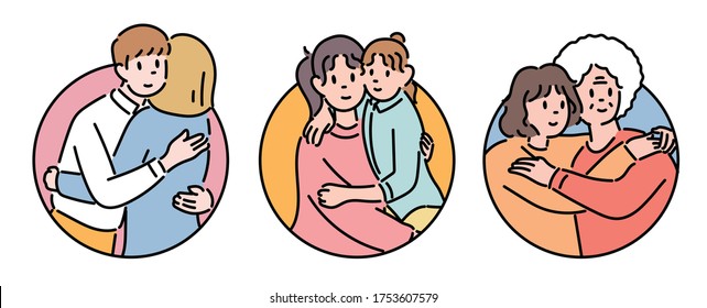 The family is hugging each other. hand drawn style vector design illustrations. 