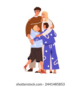 Family hugging. Happy mom, dad and kids embracing together. Mother, father and children. Parents with siblings. Bonding relationship. Flat graphic vector illustration isolated on white background