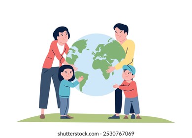 Family hugging planet. Eco friendly adults and children. Ecology lifestyle, support clean and smart life on earth. Eco activists recent vector scene